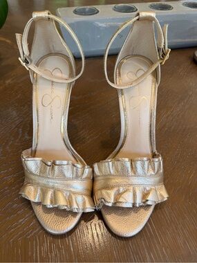 Jessica Simpson Metallic Gold Ruffle Ankle-Strap Heels